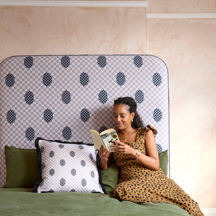 Curved Piped Headboard - Deco Checkers in Violet Veils - Micaela Sharp Collaboration