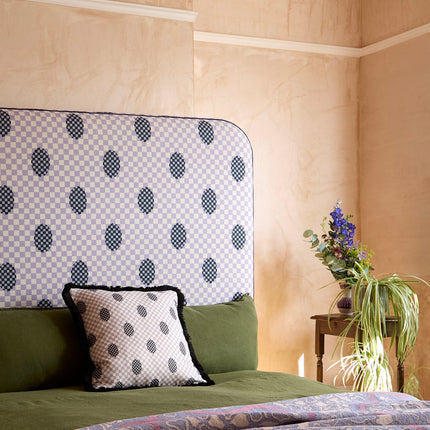 Curved Piped Headboard - Deco Checkers in Violet Veils - Micaela Sharp Collaboration