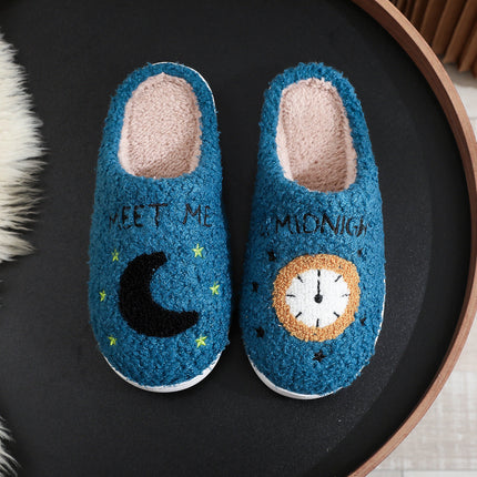 Cosy Moon & Clock Print Slippers - Plush Memory Foam House Shoes for Women | Anti-Slip Winter Warmth