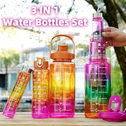 3-in-1 Gradient Color Motivational Water Bottles Set Plastic Straw Double Drink Translucent Outdoor Sports Bottle