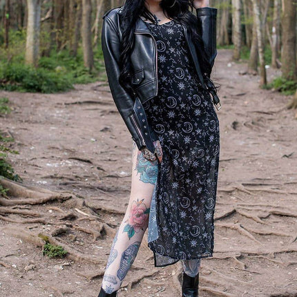 Alternative Moonprint Maxi Dress With Straps And Leg Split