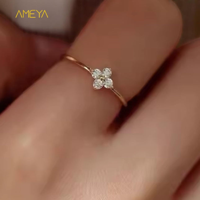 Ameya 925 Sterling Silver Four Leaf Clover Ring, Korean Style Minimalist Design, Dainty Crystal Finger Ring