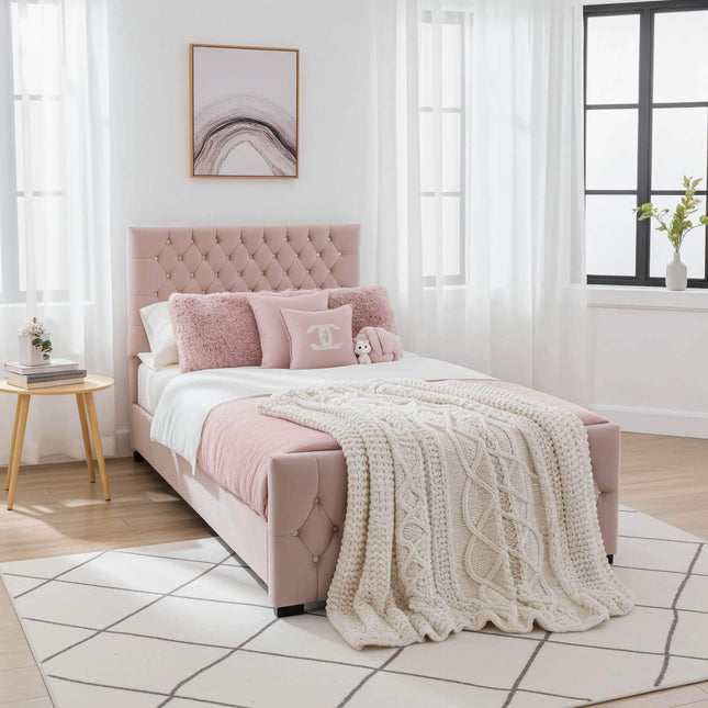 Luxury Arlo Upholstered Kids Bed Frame with Optional Ottoman Storage | UK Beds Direct