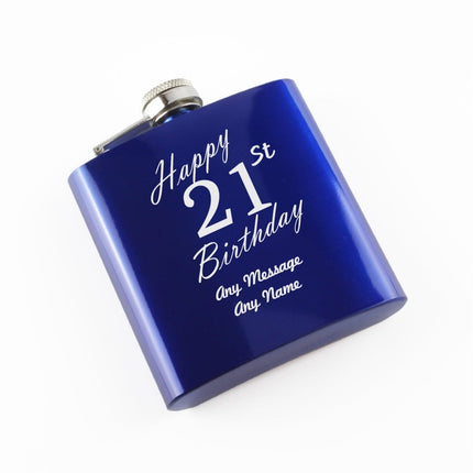Engraved 6oz Blue Steel Hip Flask Happy 21st Birthday
