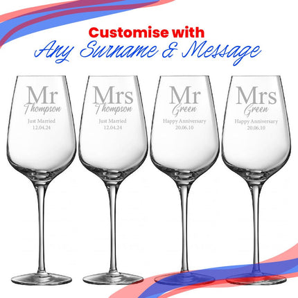 Engraved Mr and Mrs Sublym Wine Glasses, 15.8oz/450ml, Classic Font