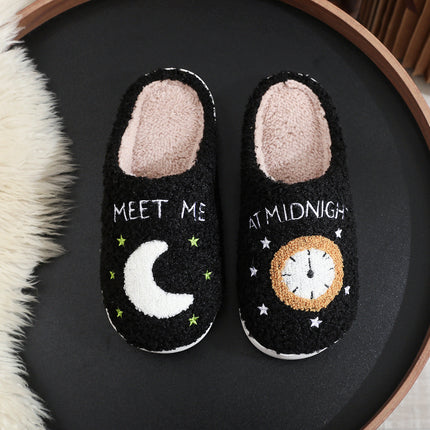 Cosy Moon & Clock Print Slippers - Plush Memory Foam House Shoes for Women | Anti-Slip Winter Warmth