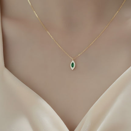 Ameya 14k Gold-Plated Sterling Silver Necklace with Emerald Pendant & Crystal Accents – Elegant Marquise Design, Delicate Luxury Jewelry