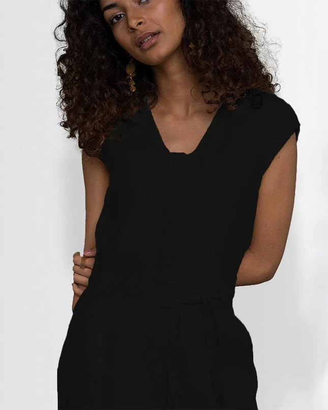 Hemp Jumpsuit with V-Neck, Micro Sleeves, and Pocket - Modern Design for Day or Night