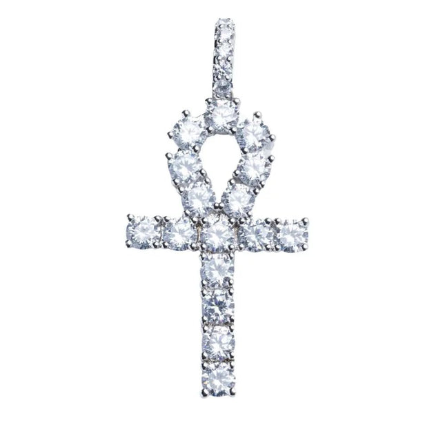 Iced Ankh Cross Pendant - White Gold