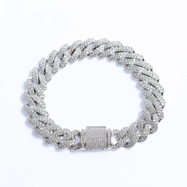 12mm Iced Prong Cuban Bracelet - White Gold
