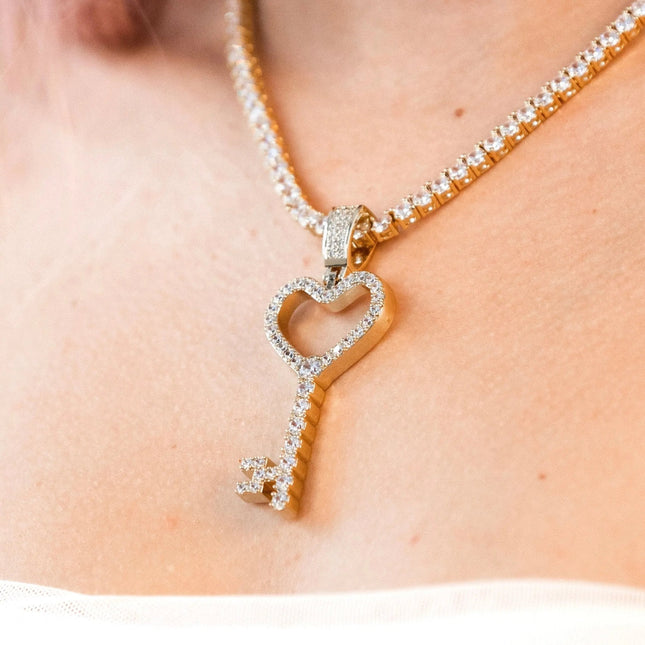 Iced Heart Key Pendant - Gold