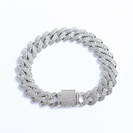 12mm Iced Prong Cuban Bracelet - White Gold