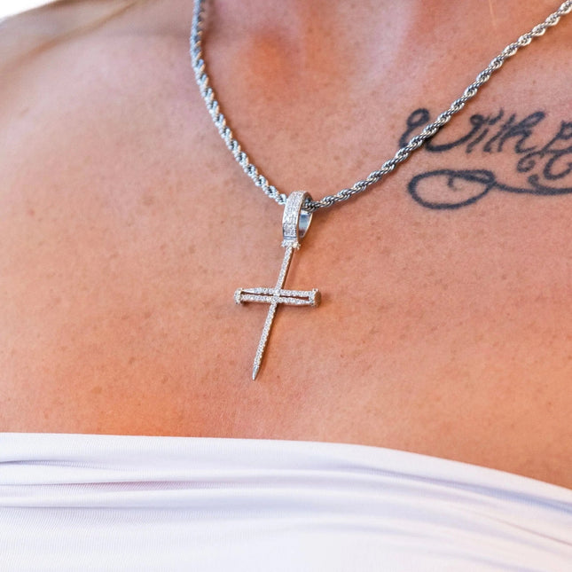 Iced Cross of Nails Pendant - White Gold