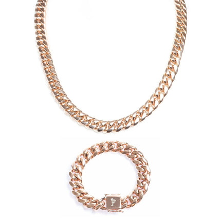 14mm Miami Cuban Chain + Bracelet - Rose Gold