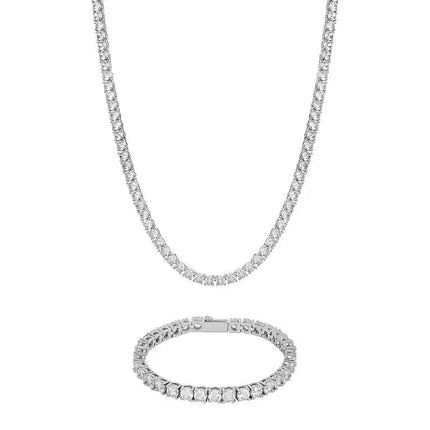 5mm Tennis Chain + Bracelet Set - White Gold