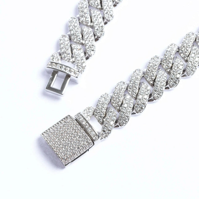 12mm Iced Prong Cuban Bracelet - White Gold