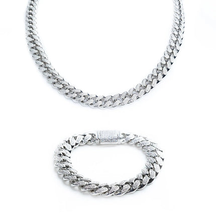 12mm Iced Miami Cuban Chain + Bracelet - Silver