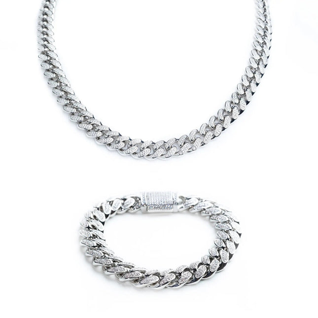 12mm Iced Miami Cuban Chain + Bracelet - Silver