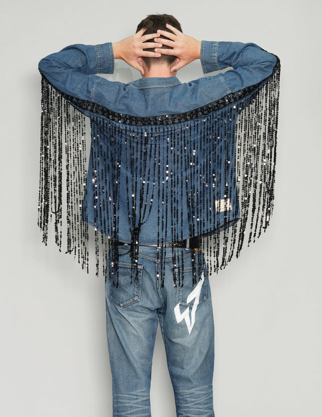 Party Back Sequinned Tassel  Denim Shirt