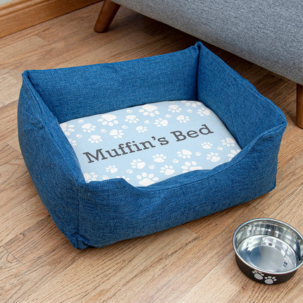 Personalised Personalised Blue Comfort Dog Bed with Blue Paw Print Design