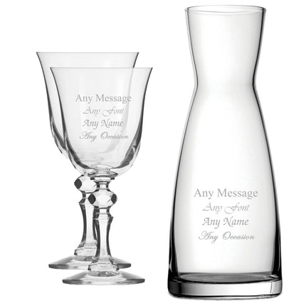Personalised Engraved Set of 2 Crystal Jasmine Wine Glass and Contemporary Carafe Set