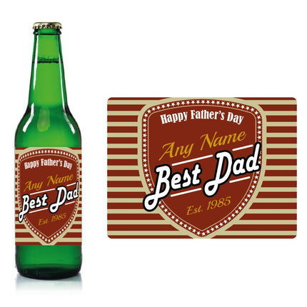 Personalised Fathers day beer bottle label Brick Red - Stripes and Shield