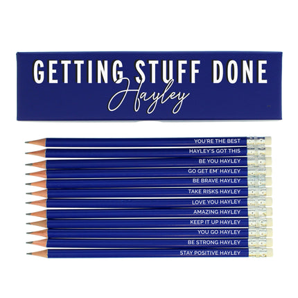 Personalised Getting Stuff Done Box And 12 Blue Hb Pencils