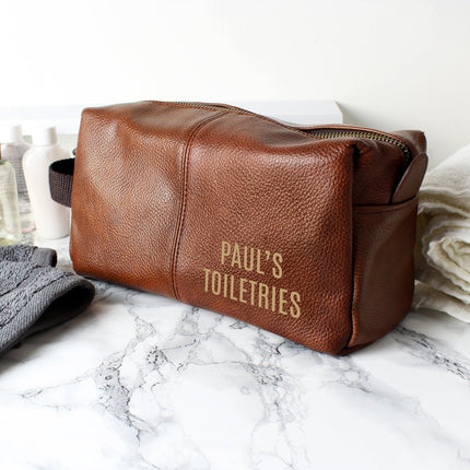 Personalised Luxury Brown Leatherette Wash Bag