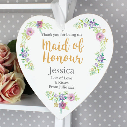 Personalised Maid Of Honour 'Floral Watercolour Wedding' Large Wooden Heart Decoration