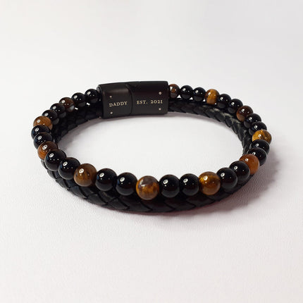 Personalised Personalised Men's Tigers Eye Leather and Bead Bracelet