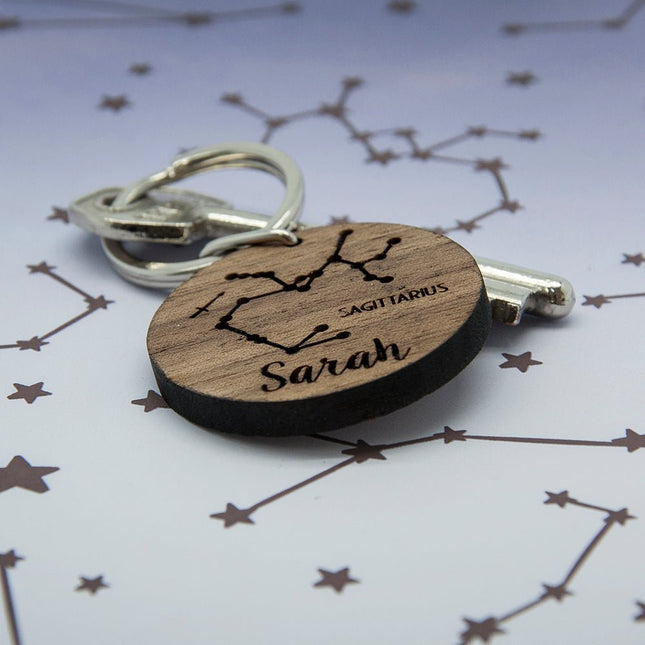 Personalised Round Wooden Zodiac Key Ring