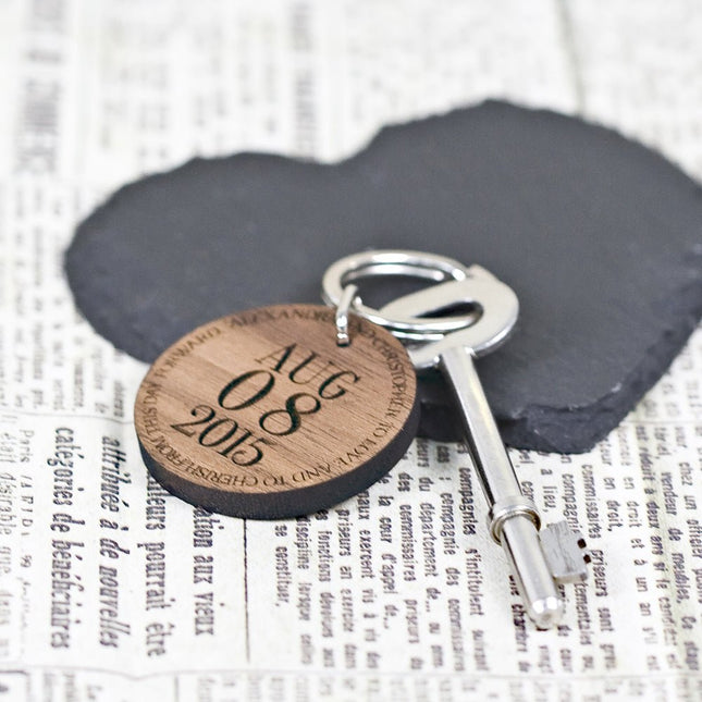 Personalised Special Date Round Walnut Wood Keyring