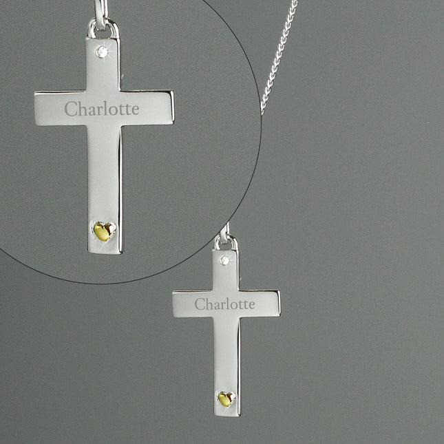 Personalised Sterling Silver Cross With 9Ct Gold Heart & Cz Necklace