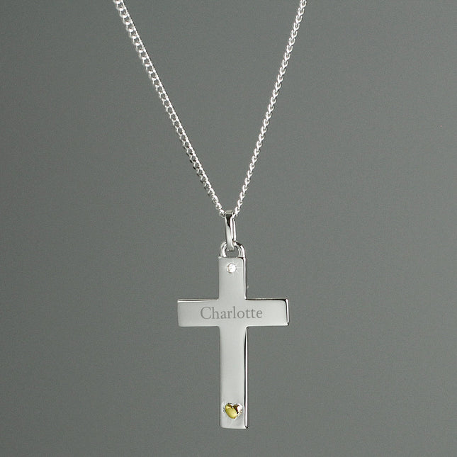 Personalised Sterling Silver Cross With 9Ct Gold Heart & Cz Necklace