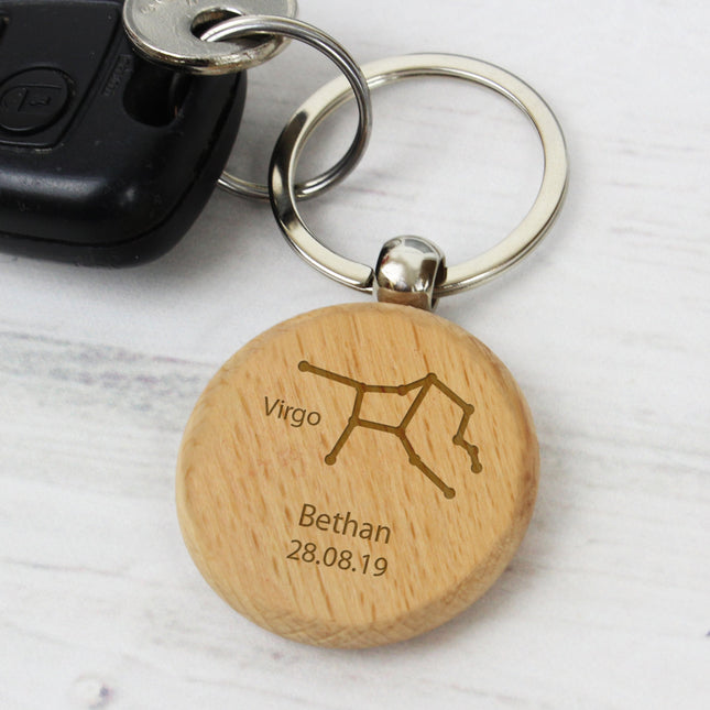 Personalised Virgo Zodiac Star Sign Wooden Keyring (August 23rd - September 22nd)