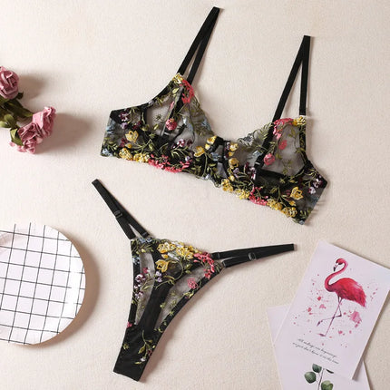 women's sexy flower sexy lingerie sets party embroidery underwire bra low waist thong sexy lingerie
