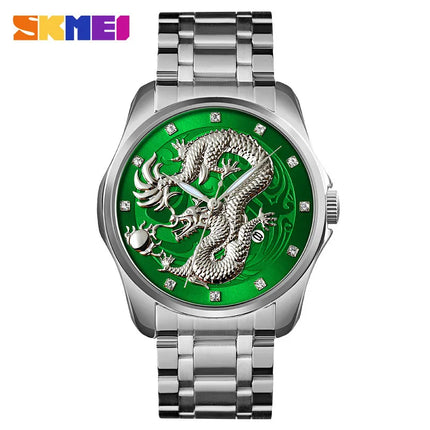 SKMEI fashion Chinese style dragon totem relief stainless steel strap men's business calendar watch men