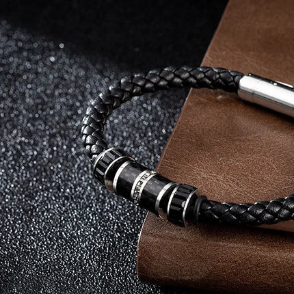 Shijia  Leather Rope Bracelet for Boys Japanese and Korean Fashion Black Transfer Bead Woven Bracelet Titanium Steel Leather Rope Bracelet for Men