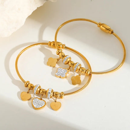 Cute Classic Style Commute Four Leaf Clover Heart Shape 304 Stainless Steel 18K Gold Plated Zircon Bangle In Bulk