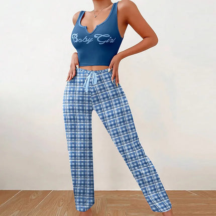 BabyGirl   homewear vest color matching plaid trousers letter printed top women's pajamas