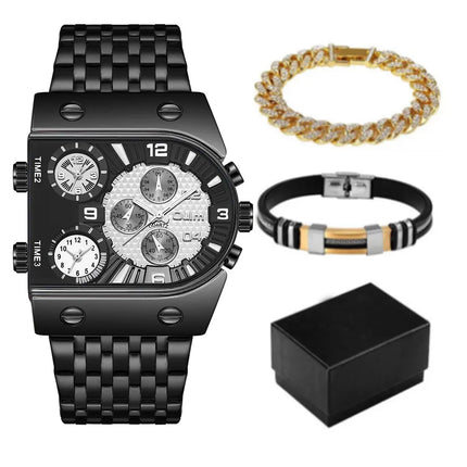 Business Color Block Folding Buckle Quartz Men's Watches Gift Set