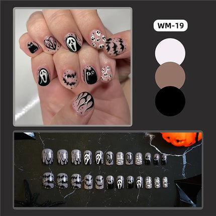 24 pcs/box Wholesale Ghost Black Cat Patterned Nails Short Halloween Press on Nail