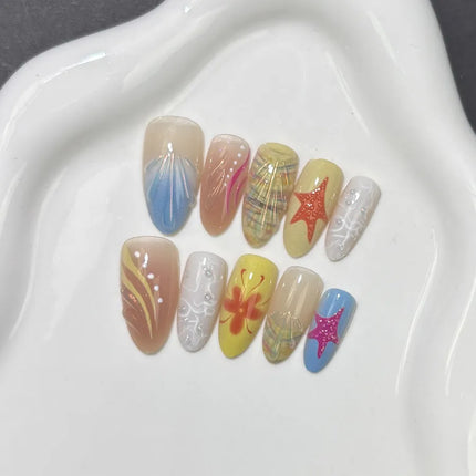 Handmade Almond Nail Press-Ons 3D Floral Shell Design Gradient White Effect European Style Nail Art False Nails Set