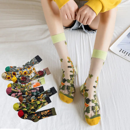 2 Pairs Cute Modern Style Women's Flower Cotton Crystal wire Crew Socks