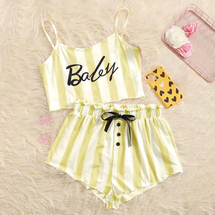 summer pajamas women's camisole shorts letter cute girl pink striped ladies home wear suit