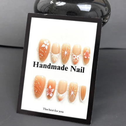 Handmade Almond Nail Press-Ons 3D Floral Shell Design Gradient White Effect European Style Nail Art False Nails Set