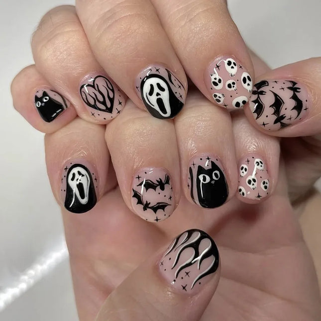 24 pcs/box Wholesale Ghost Black Cat Patterned Nails Short Halloween Press on Nail