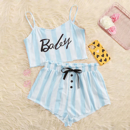 summer pajamas women's camisole shorts letter cute girl pink striped ladies home wear suit