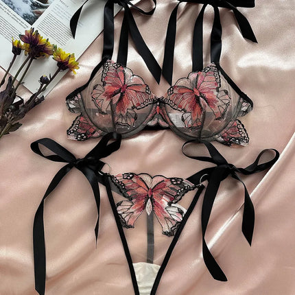Women's Sexy Butterfly Sexy Lingerie Sets Home Honeymoon Sheer Bra Low Waist Bandage See-Through Sexy Lingerie