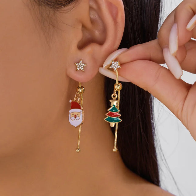 Adjustable Asymmetric Christmas Cartoon Character Dangle Earrings Fashionable Resin Studs For Women With Bell And Tassel